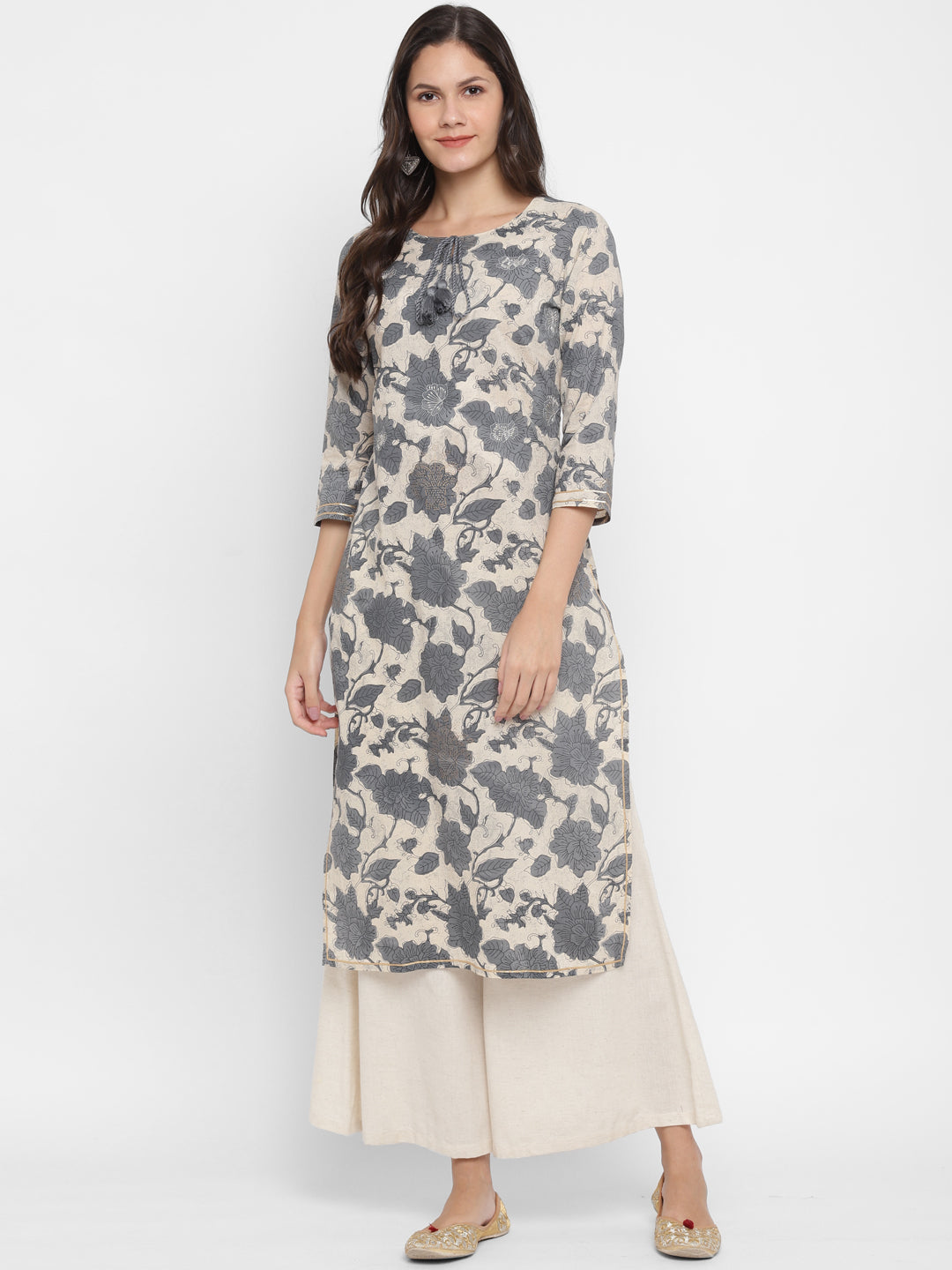 Women's Printed & Embroidered Straight Cotton Grey Kurta - Vbuyz