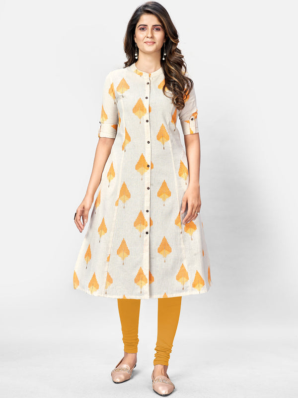 Women's Beige Printed A-Line Cotton Kurta By Vbuyz- (1Pc Set)