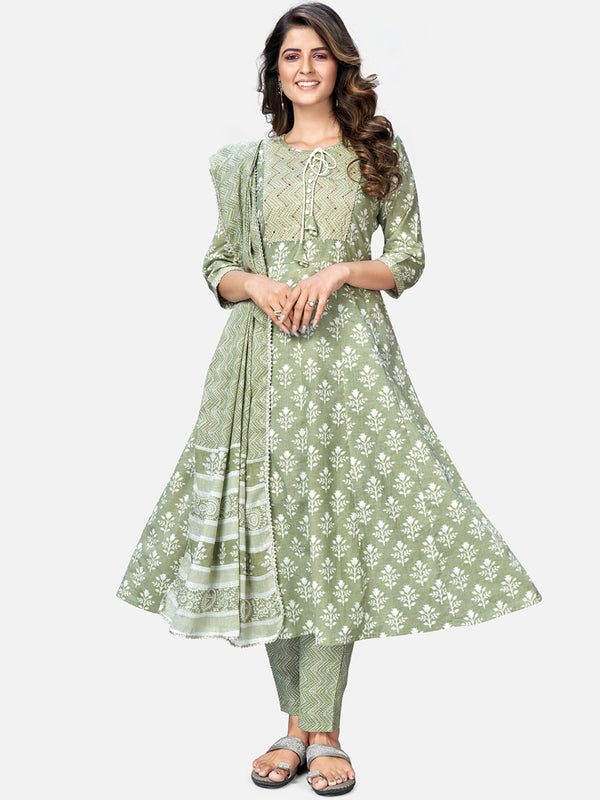 Women's Pista Green Anarkali Cotton Kurta With Pant & Dupatta By Vbuyz (3Pcs Set)