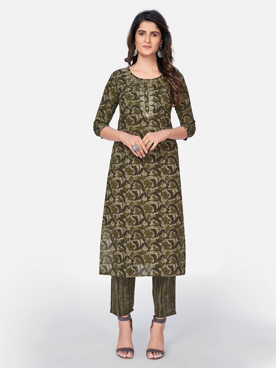 Women's Printed & Pitan Work Straight Cotton Green Kurta Pant With Dupatta - Vbuyz