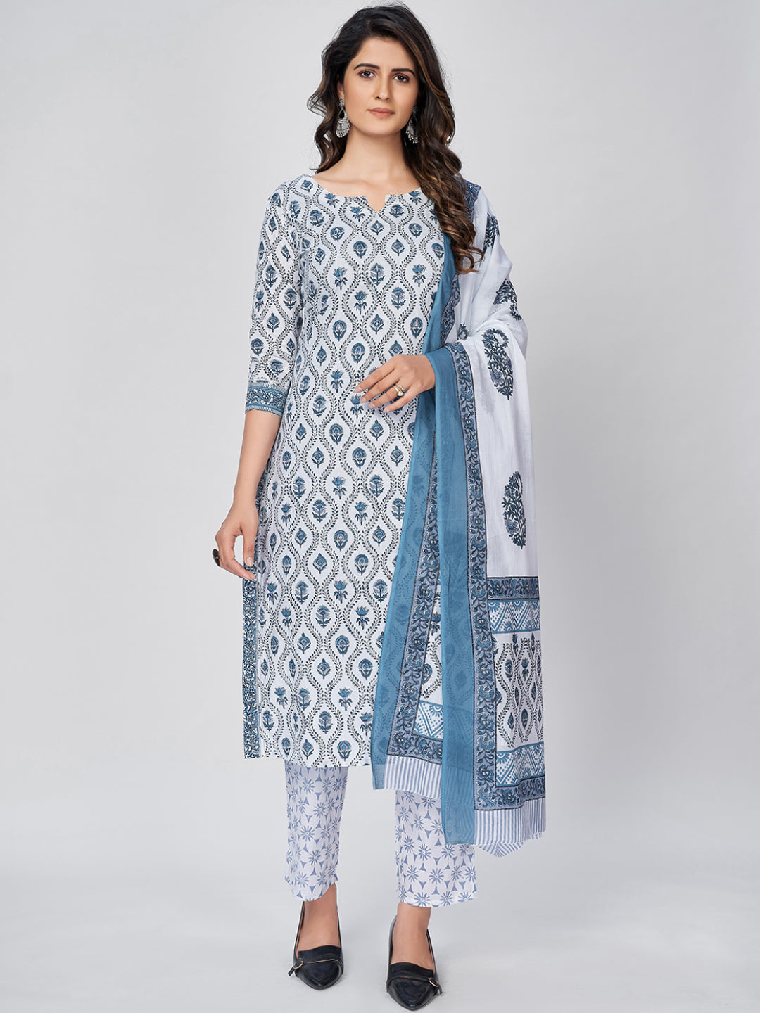 Women's Blue & White Kurta-Pant With Dupatta Set By Vbuyz- (3Pcs Set)