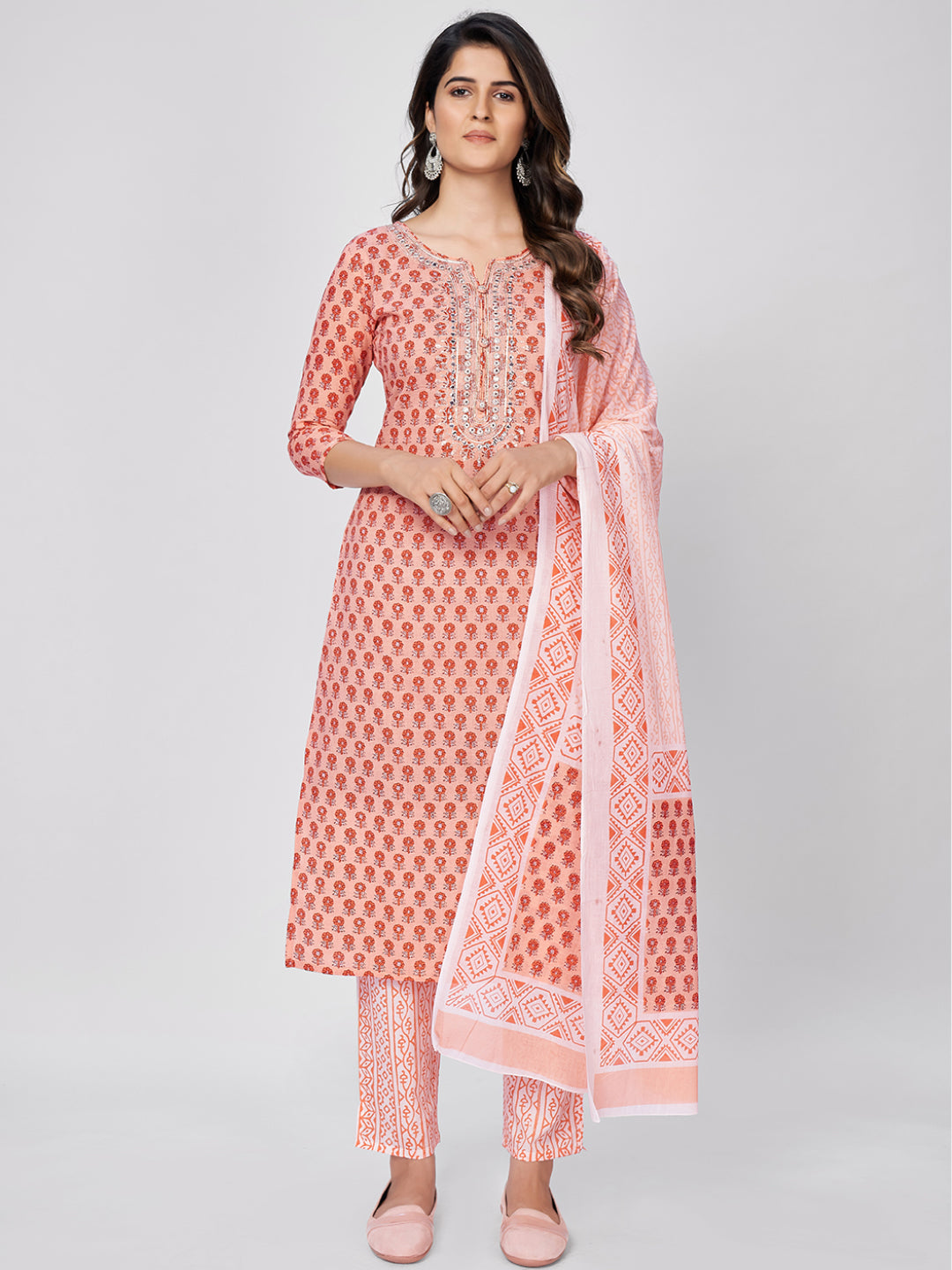 Women's Printed & Embroidered Straight Cotton Orange Kurta Pant With Dupatta - Vbuyz