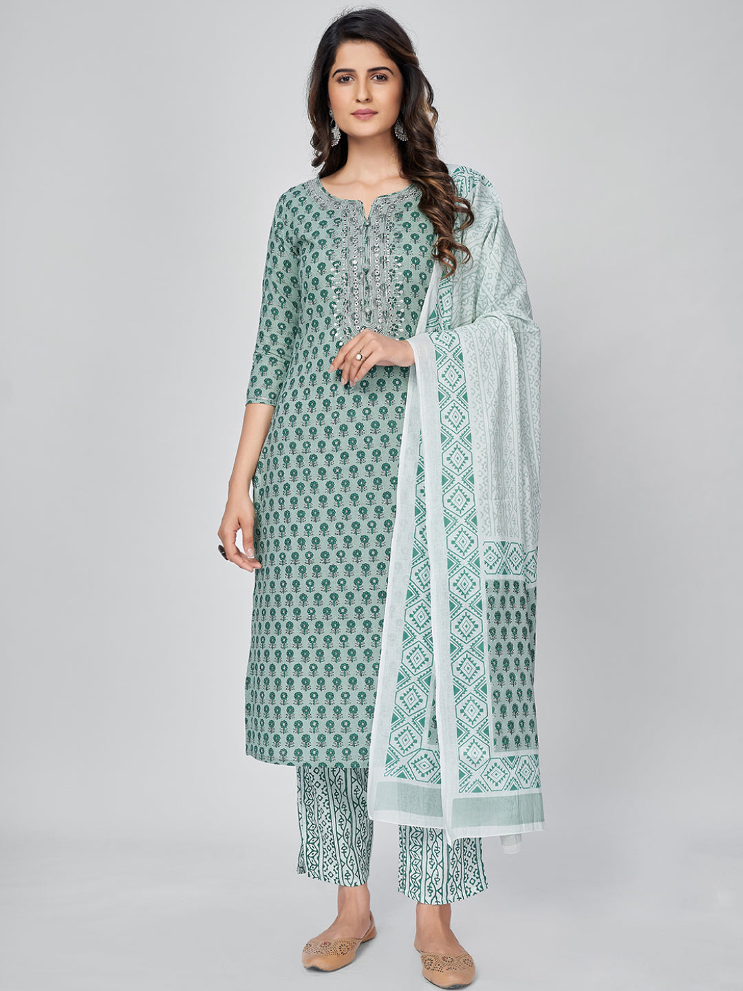 Women's Printed & Embroidered Straight Cotton Turquoise Kurta Pant With Dupatta - Vbuyz