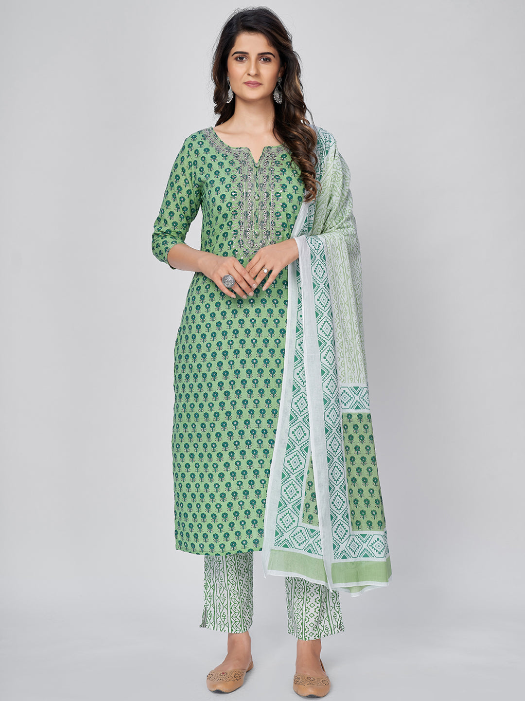 Women's Printed & Embroidered Straight Cotton Pista Kurta Pant With Dupatta - Vbuyz