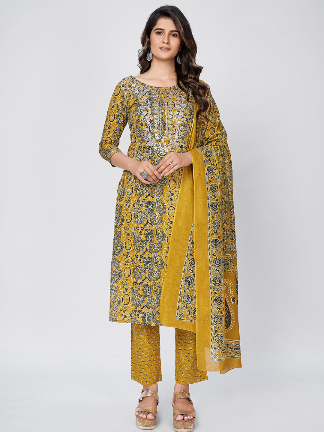 Women's Printed & Embroidered Straight Cotton Yellow Kurta Pant With Dupatta - Vbuyz