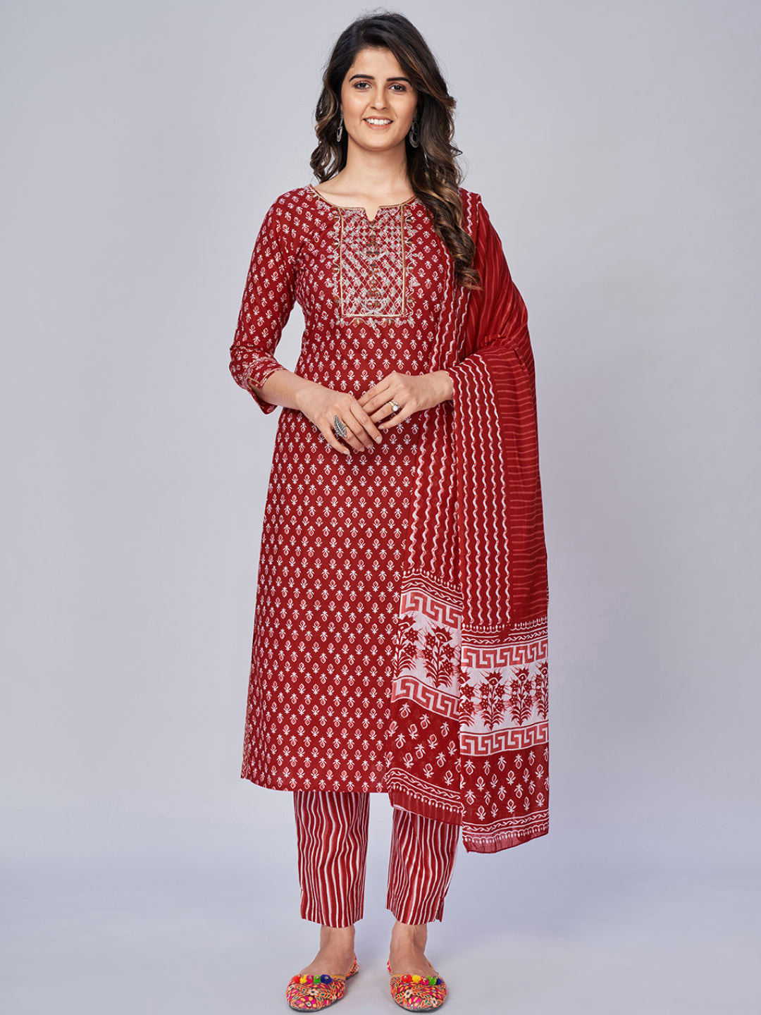 Women's Printed & Embroidered Straight Cotton Red Kurta Pant With Dupatta - Vbuyz