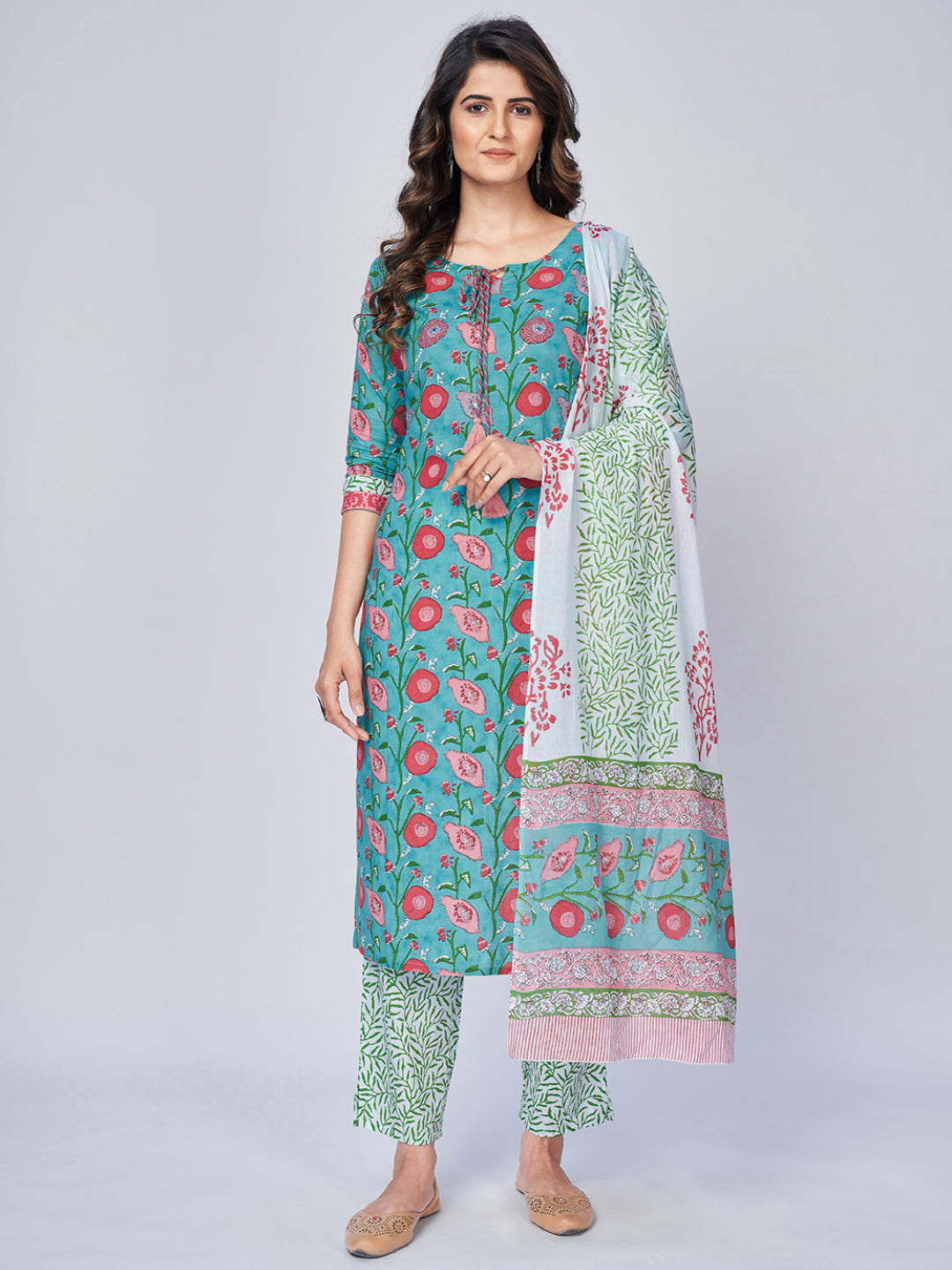 Women's Floral Print Straight Cotton Aqua Kurta Pant With Dupatta - Vbuyz