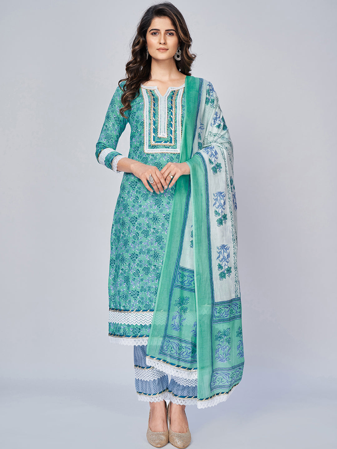 Women's Printed & Lace Work Straight Cotton Aqua Kurta Pant With Dupatta - Vbuyz