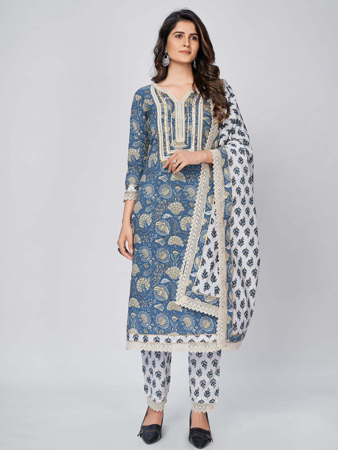 Women's Blue Printed Lace Work Cotton Kurta With Pant & Dupatta By Vbuyz (3 Pc Set)