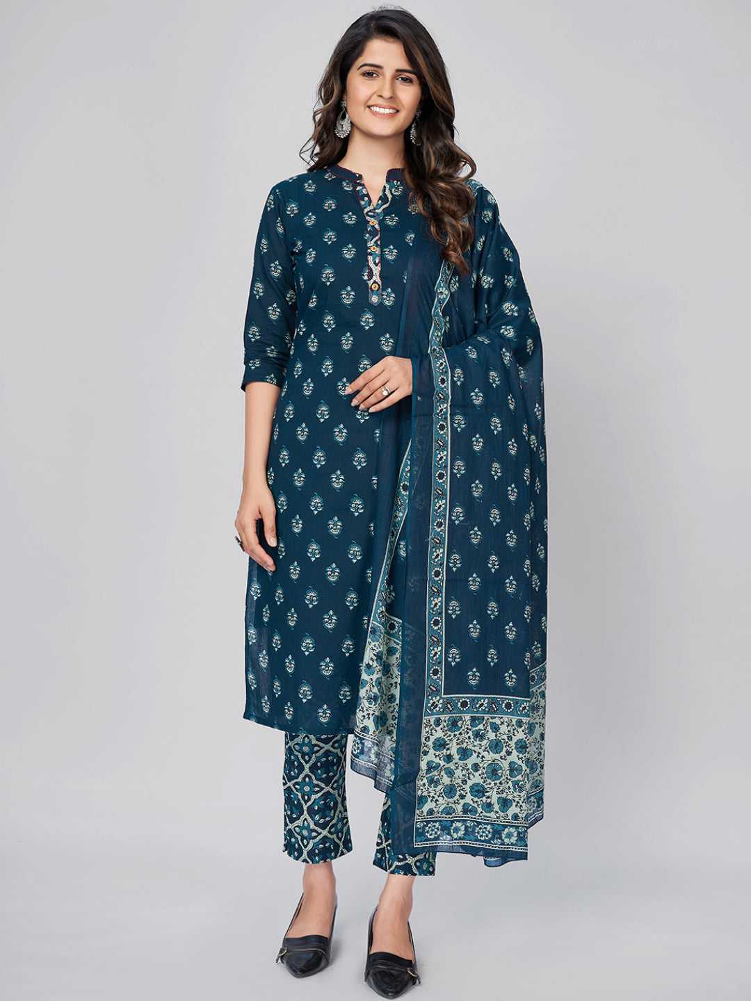 Women's Printed Straight Cotton Blue Kurta Pant With Dupatta - Vbuyz