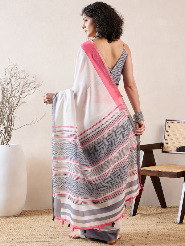 Women's White Linen Geometric Printed Saree - Ahika