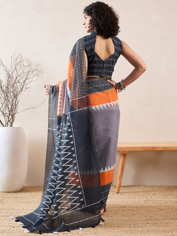 Women's Grey Linen Ikat Printed Saree - Ahika