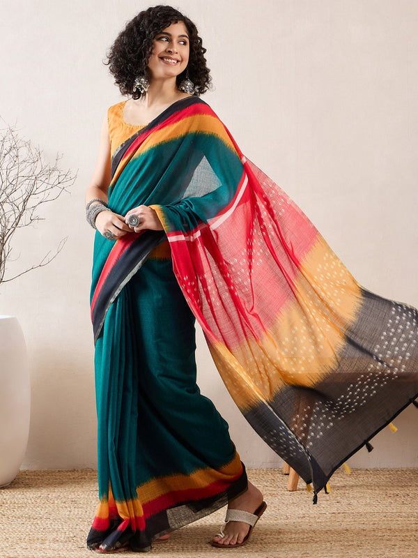 Women's Blue Linen Geometric Printed Saree - Ahika