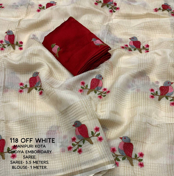 Women's Off White Silk Embroidered Saree - A2M