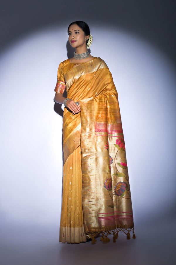 Women's Yellow Woven Tussar Silk Saree with Tassels - Vishnu Weaves