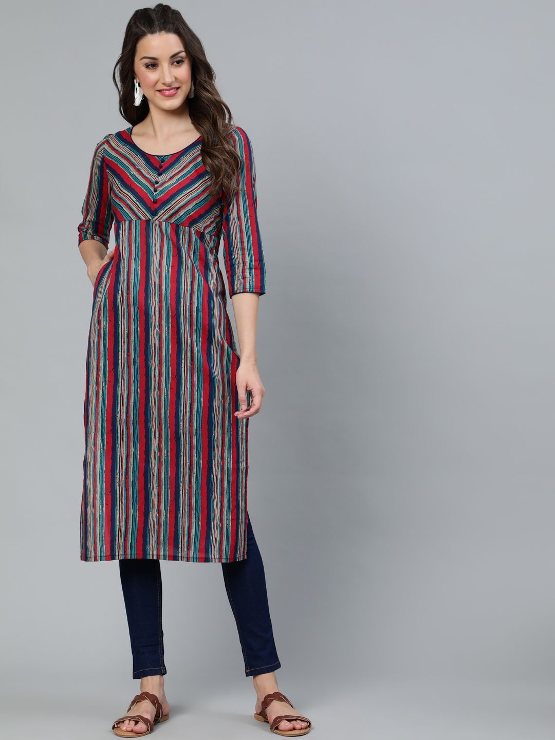 Women's Navy Blue & Magenta Striped Printed Kurta - AKS