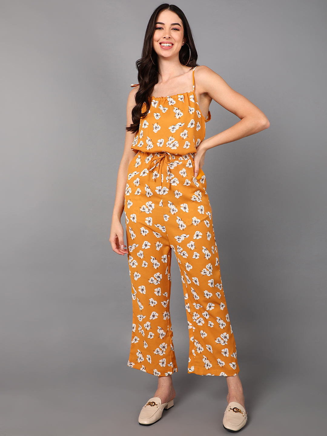 Women's Mustard Polyester Printed Jumpsuit - Ahika