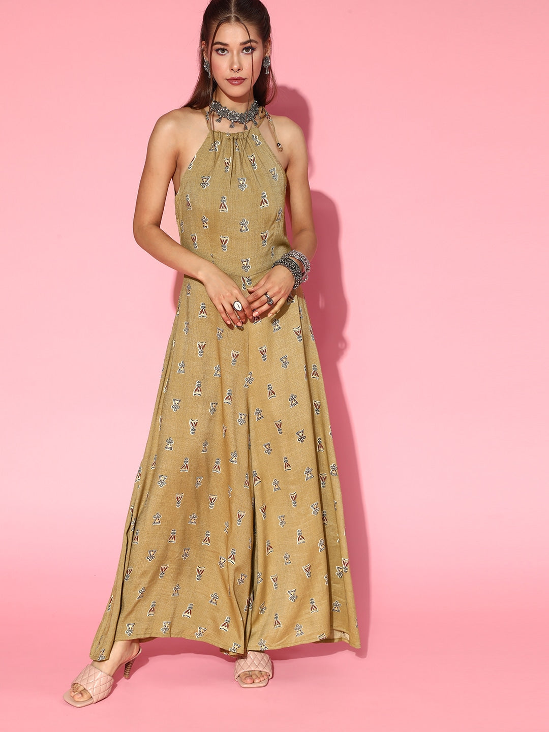 Women's Beige Cotton Printed Jumpsuit - Ahika