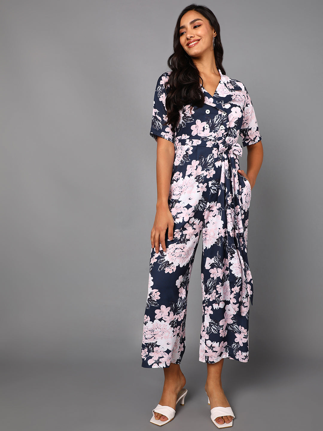 Women's Navy Blue Polyester Printed Jumpsuit - Ahika