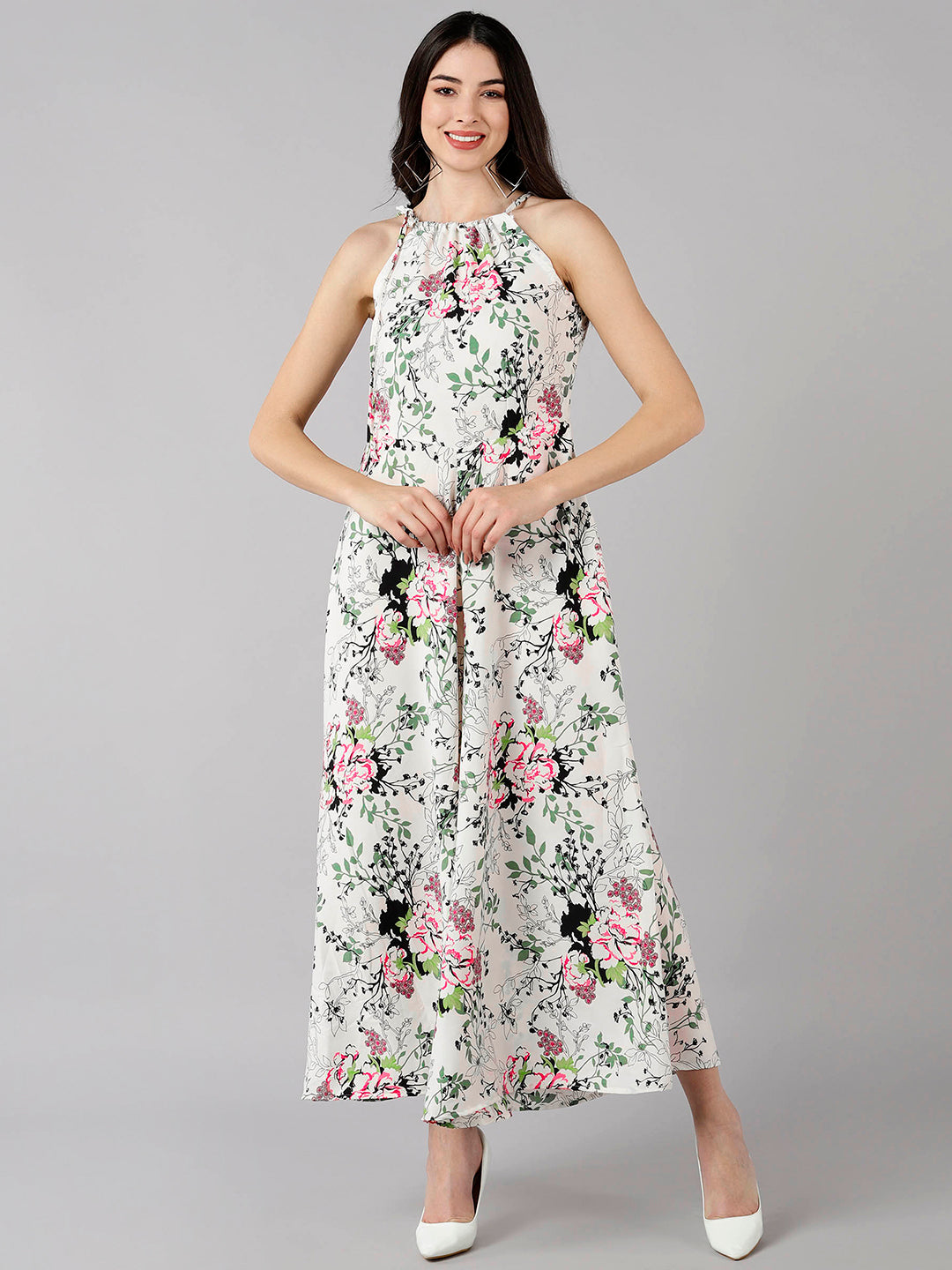 Women's White Polyester Printed Jumpsuit - Ahika