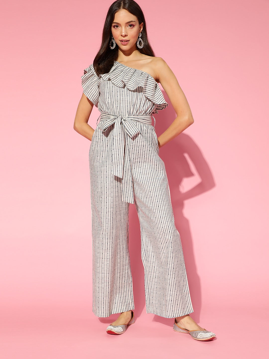 Women's Off White Cotton Striped Jumpsuit - Ahika