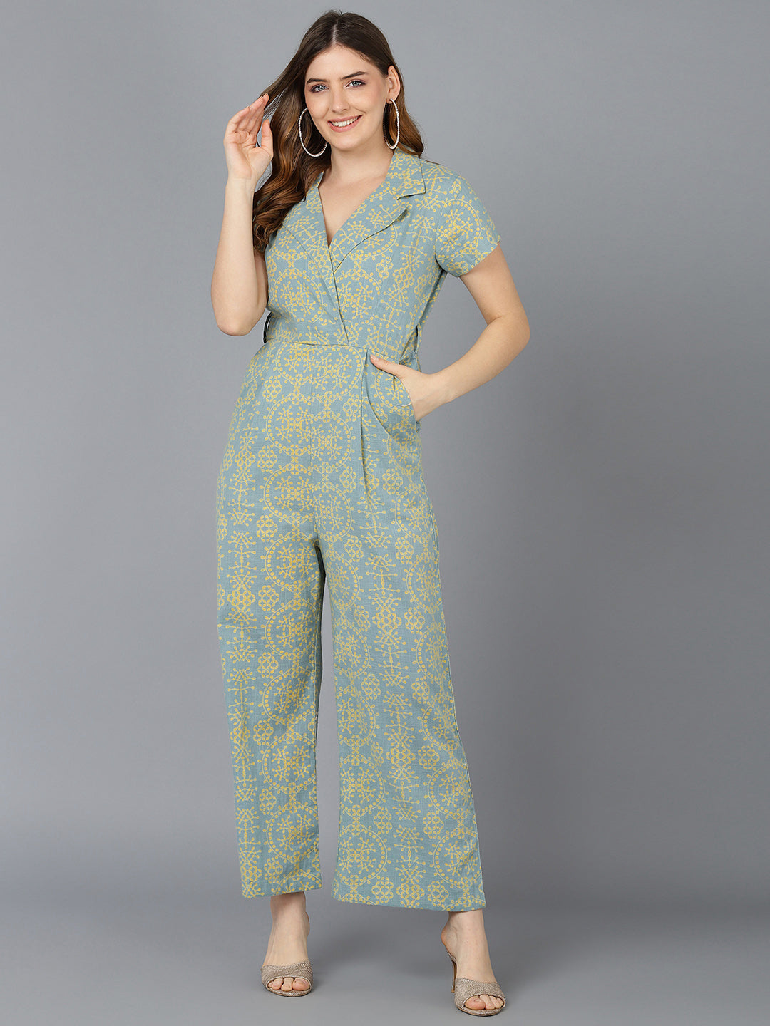 Women's Green Cotton Printed Jumpsuit - Ahika