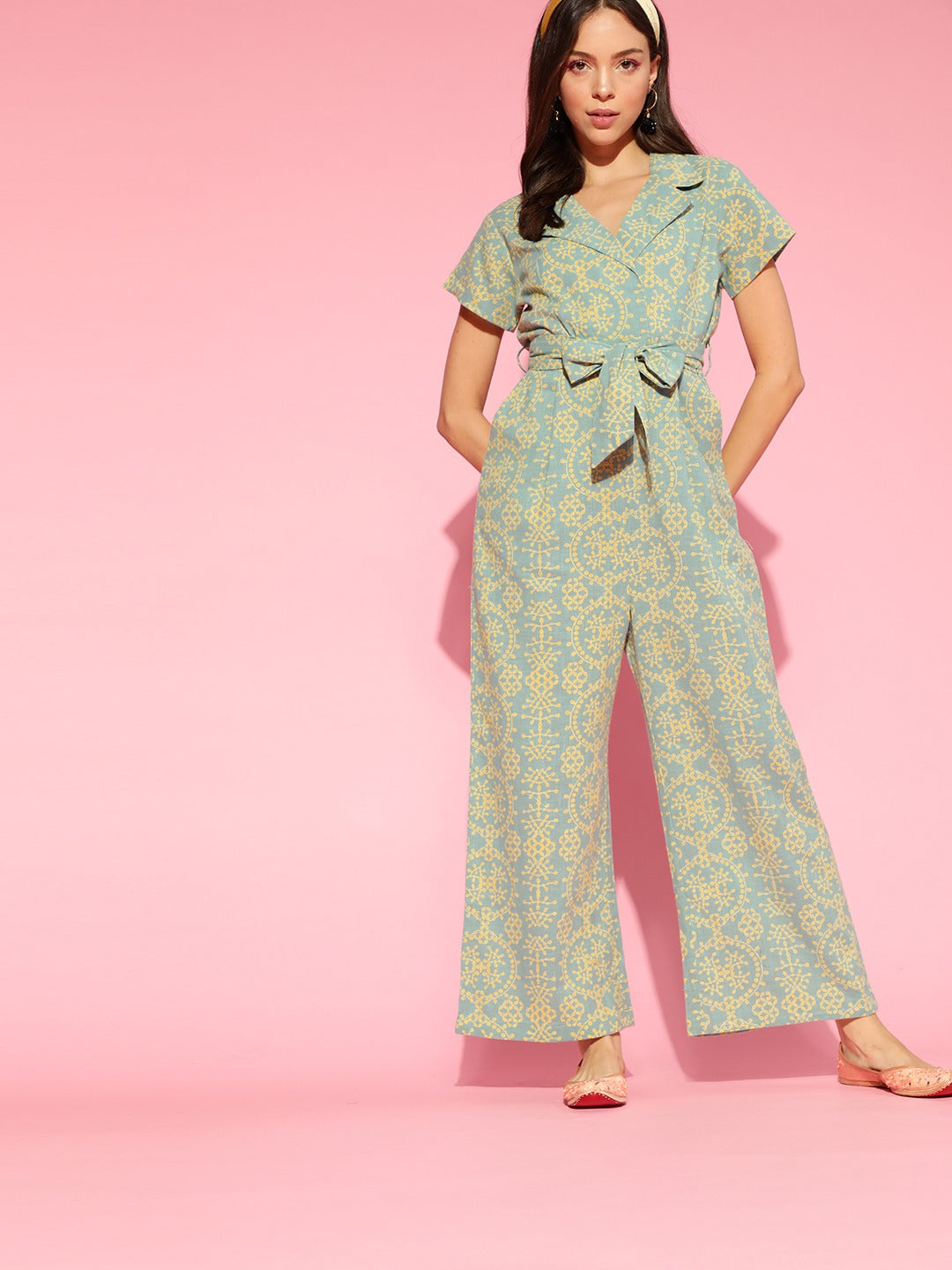 Women's Green Cotton Printed Jumpsuit - Ahika