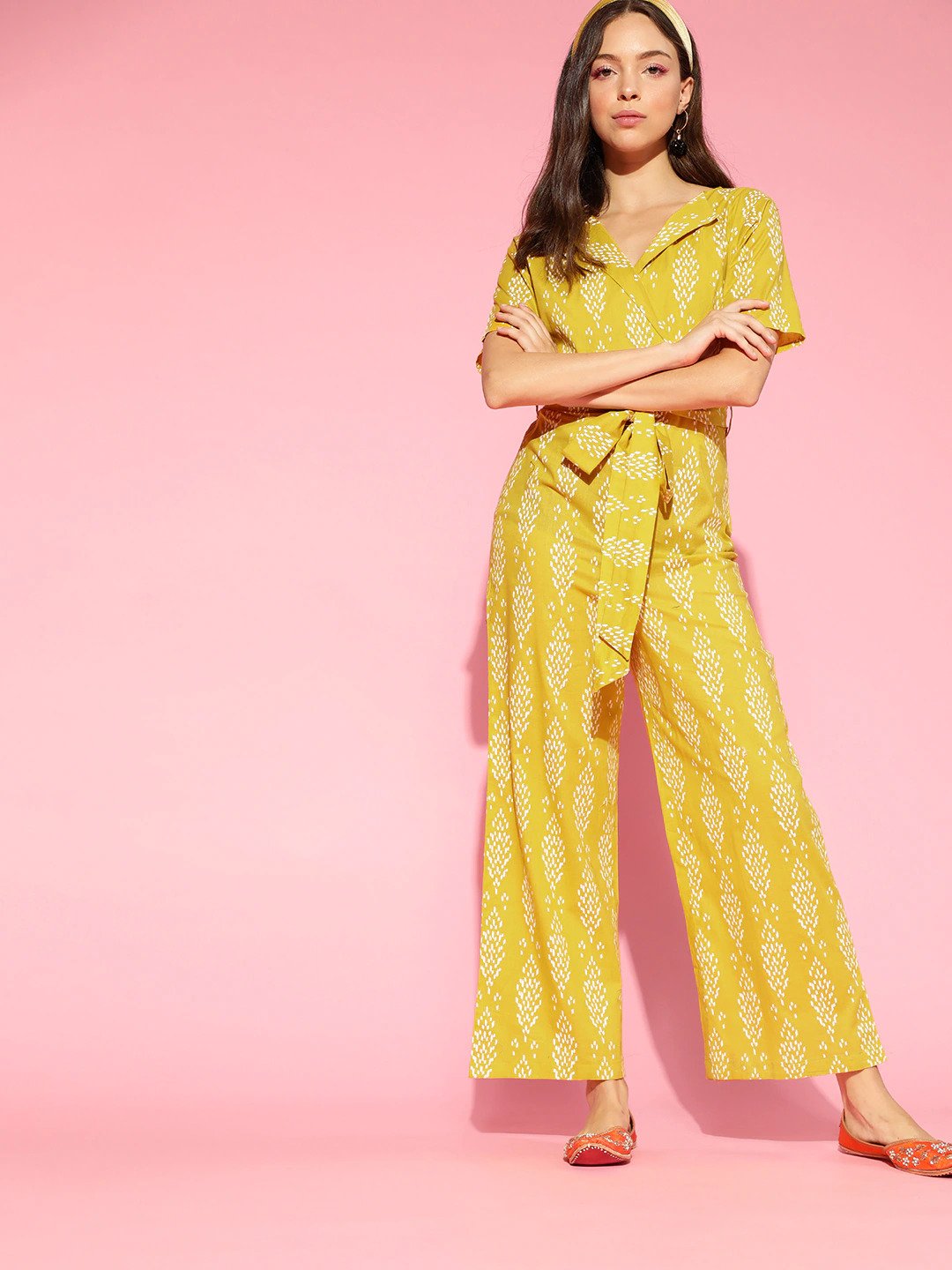 Women's Mustard Cotton Printed Jumpsuit - Ahika