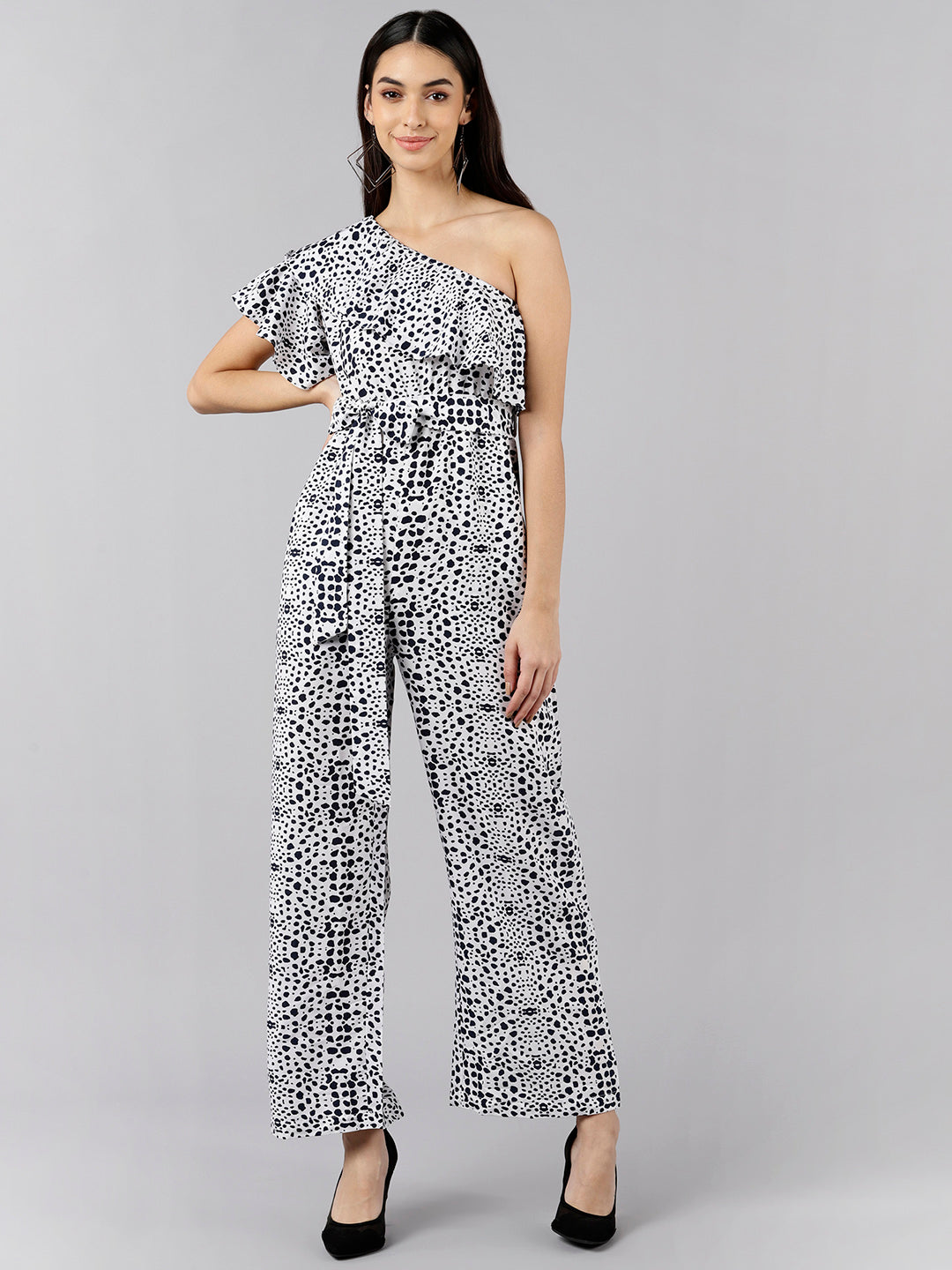 Women's White Polyester Printed Jumpsuit - Ahika