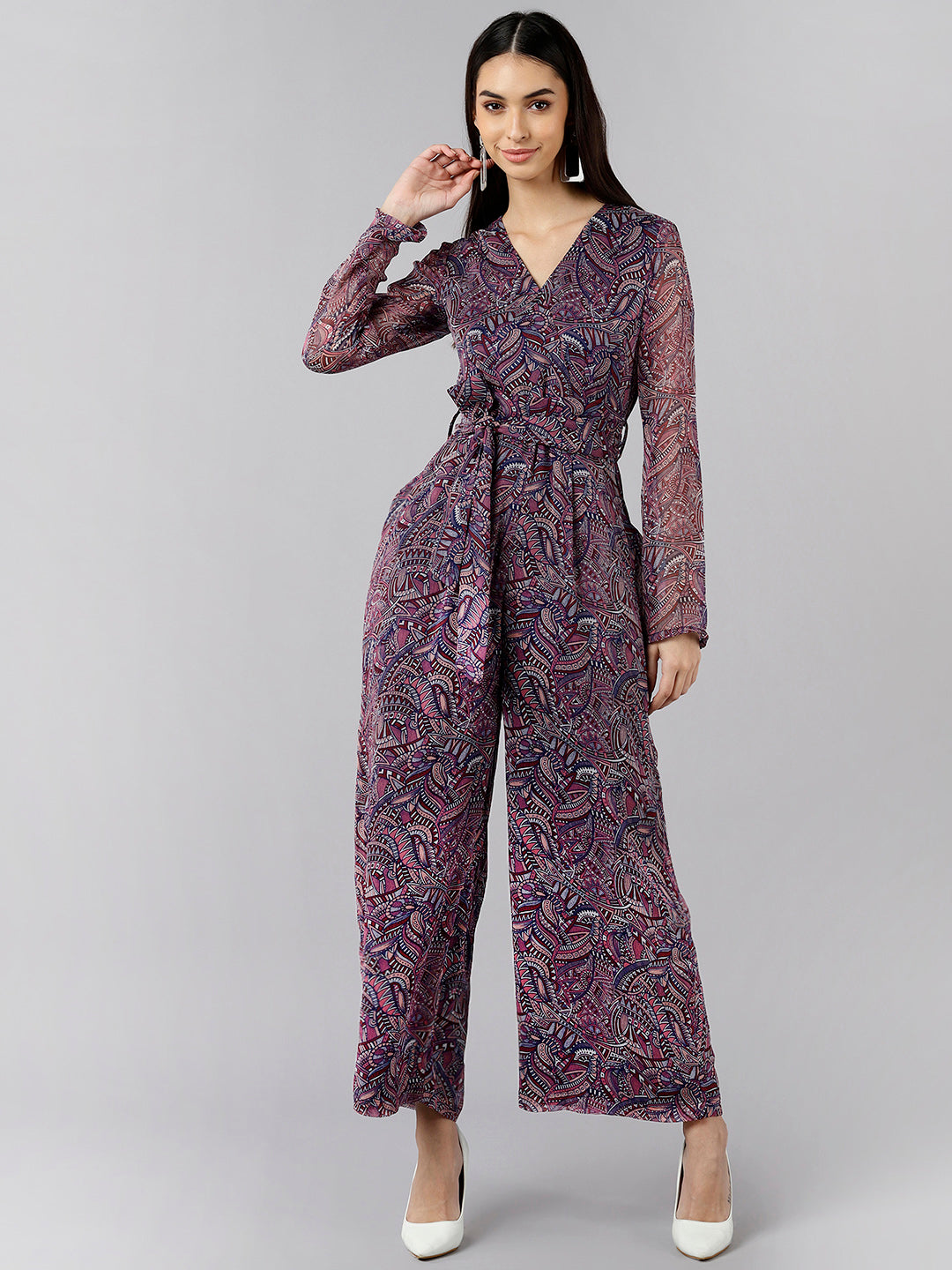 Women's Burgundy Polyester Printed Jumpsuit - Ahika