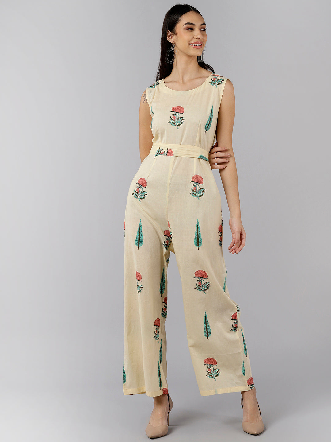 Women's Cream Cotton Printed Jumpsuit - Ahika