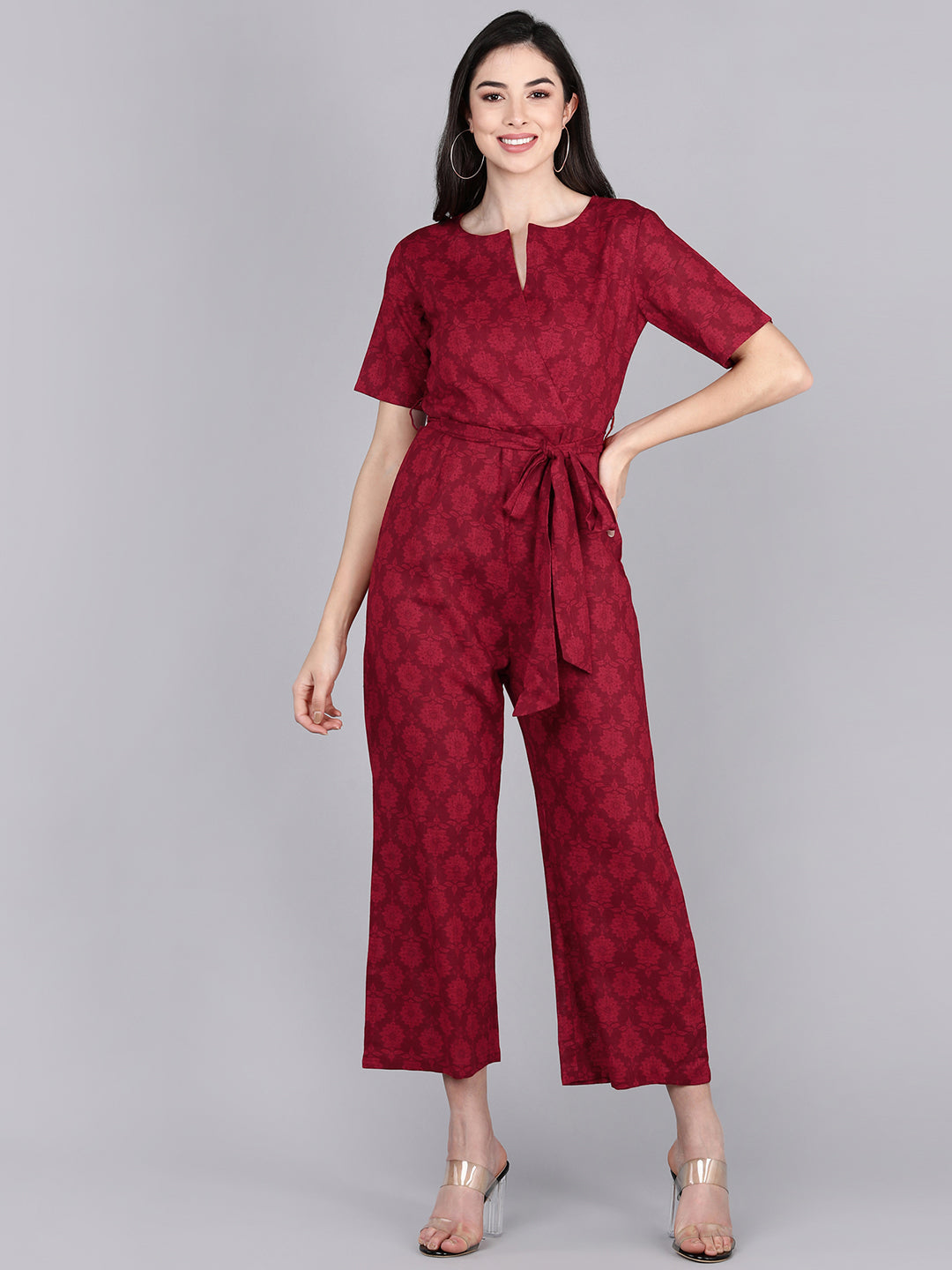 Women's Red Cotton Printed Jumpsuit - Ahika