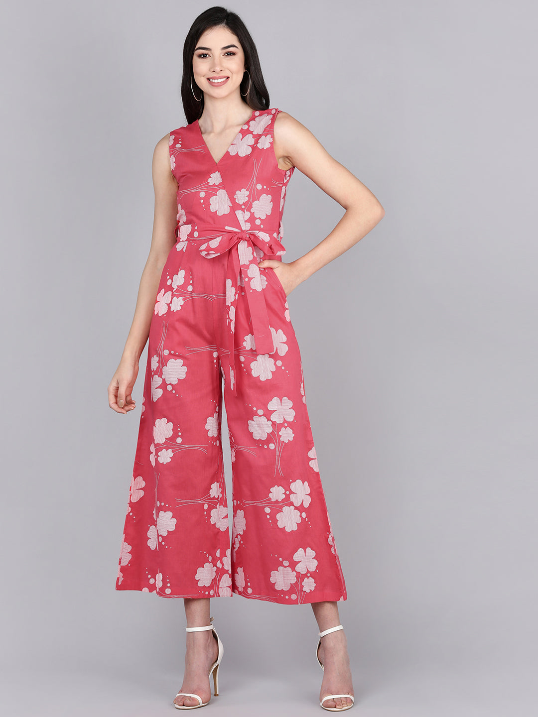 Women's Pink Cotton Printed Jumpsuit - Ahika