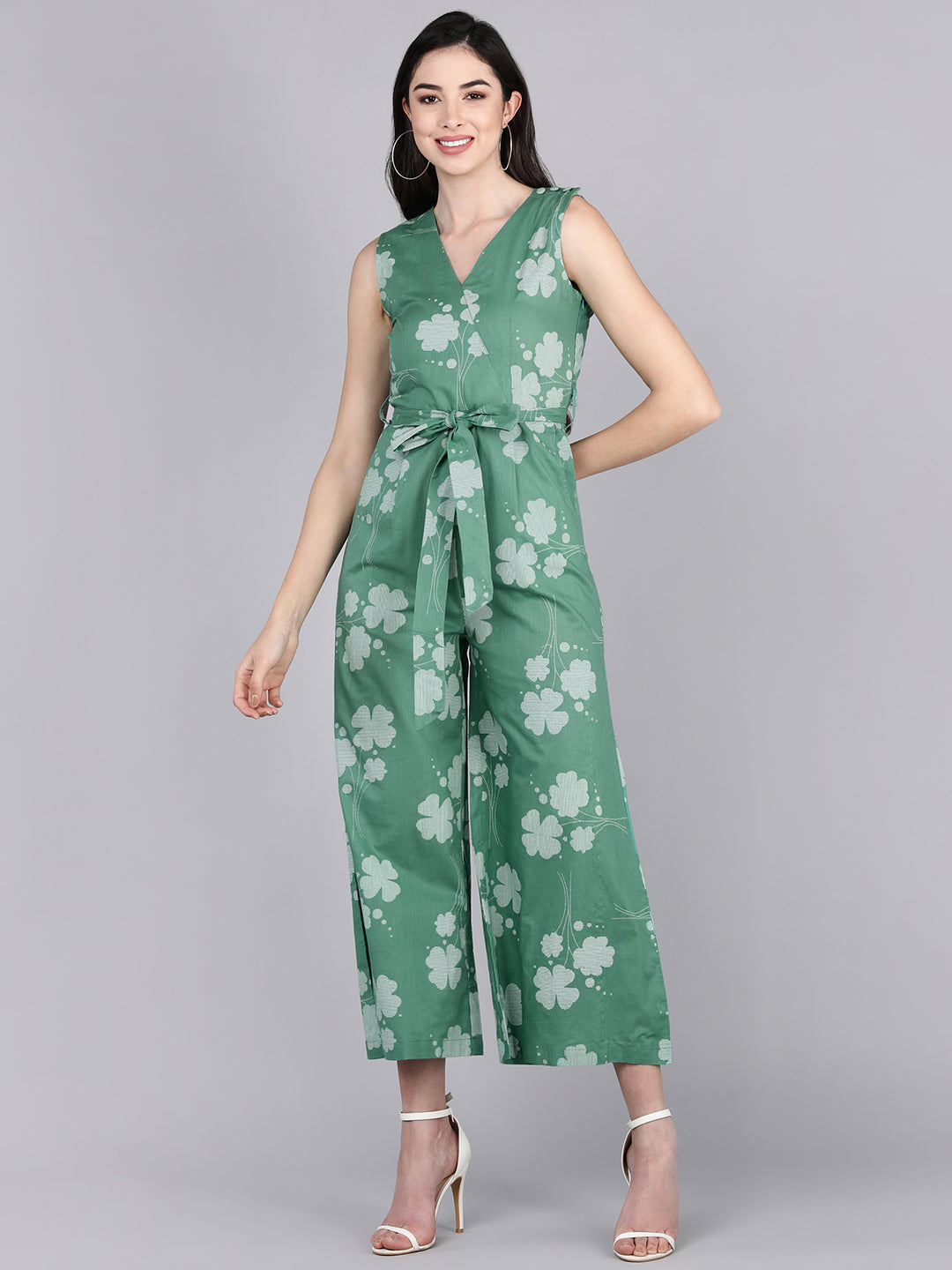 Women's Green Cotton Printed Jumpsuit - Ahika