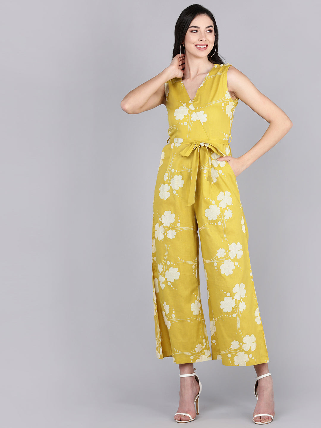 Women's Yellow Cotton Printed Jumpsuit - Ahika