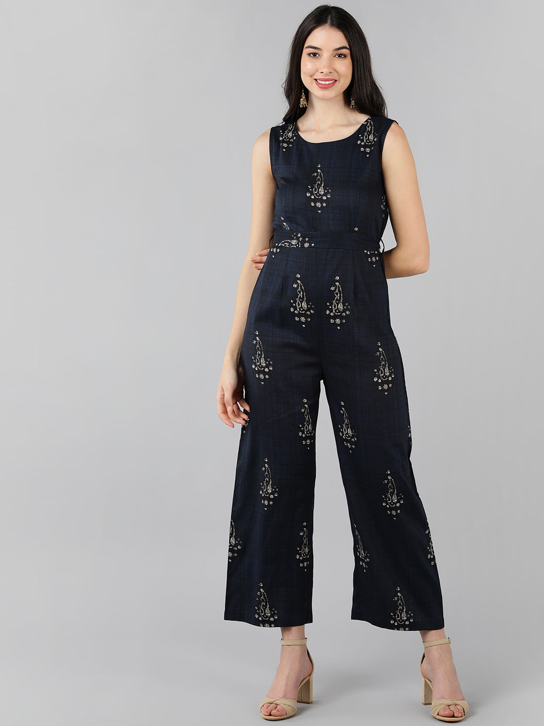 Women's Navy Blue Cotton Printed Jumpsuit - Ahika