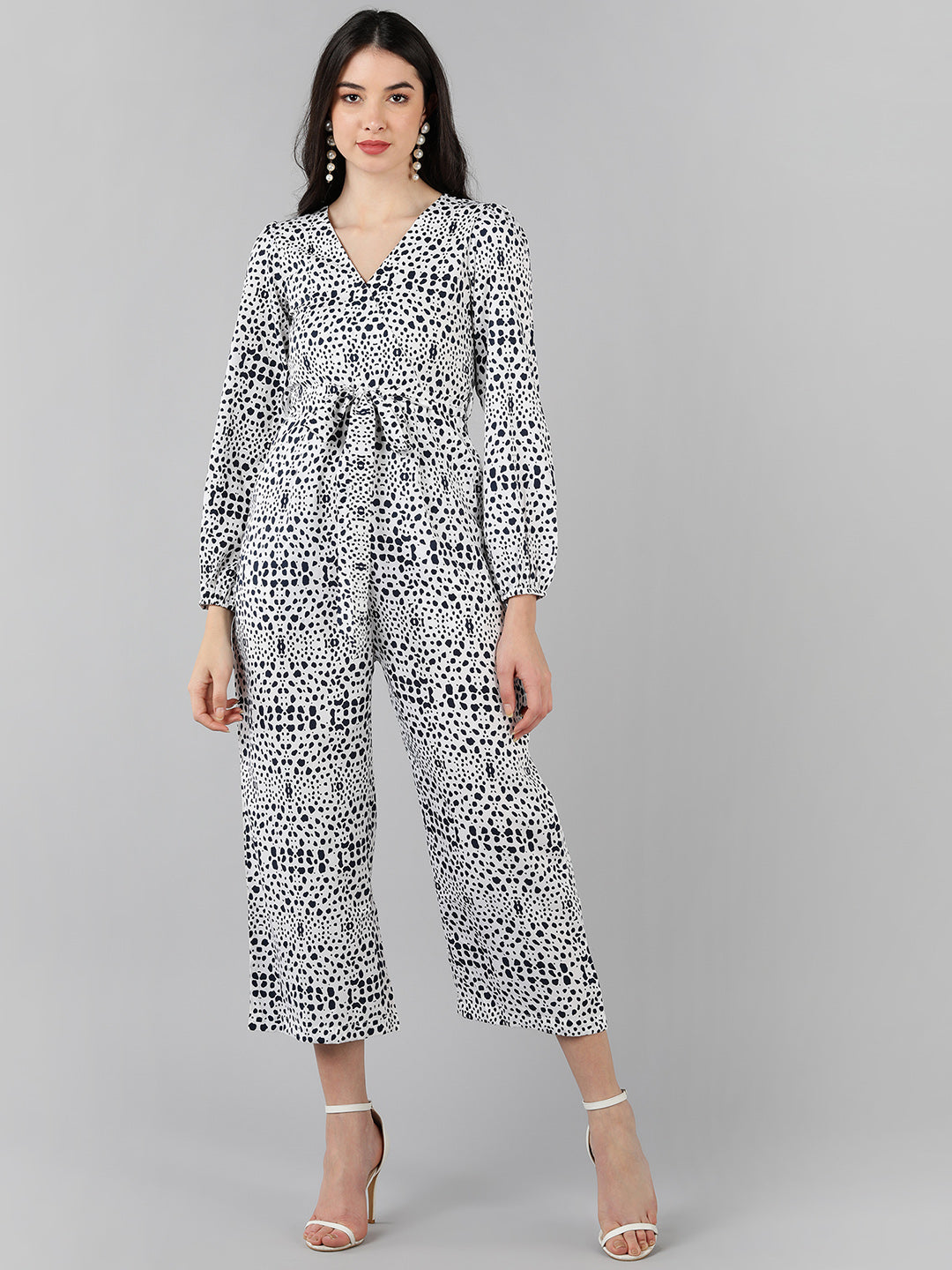 Women's White Polyester Printed Jumpsuit - Ahika