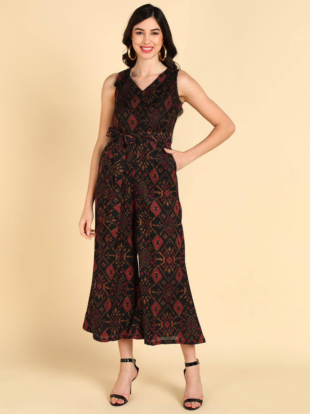 Women's Black Cotton Printed Jumpsuit - Ahika