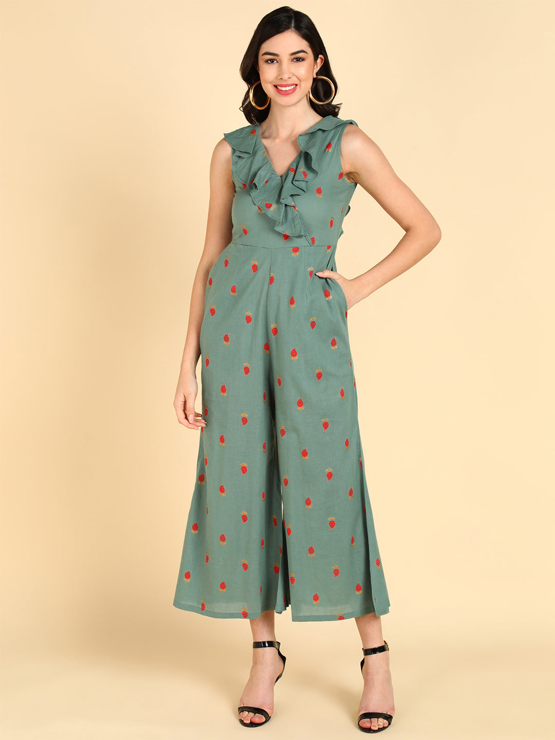 Women's Olive Cotton Printed Jumpsuit - Ahika