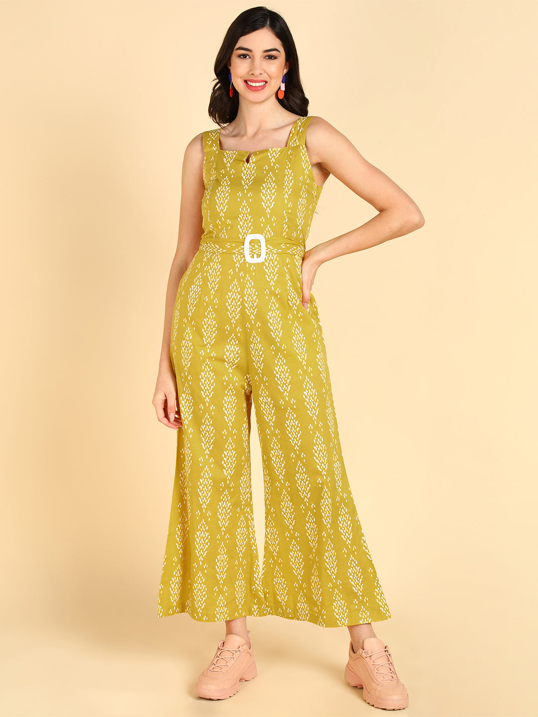 Women's Yellow Cotton Printed Jumpsuit - Ahika