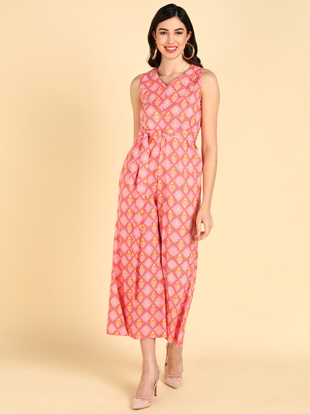 Women's Peach Cotton Printed Jumpsuit - Ahika