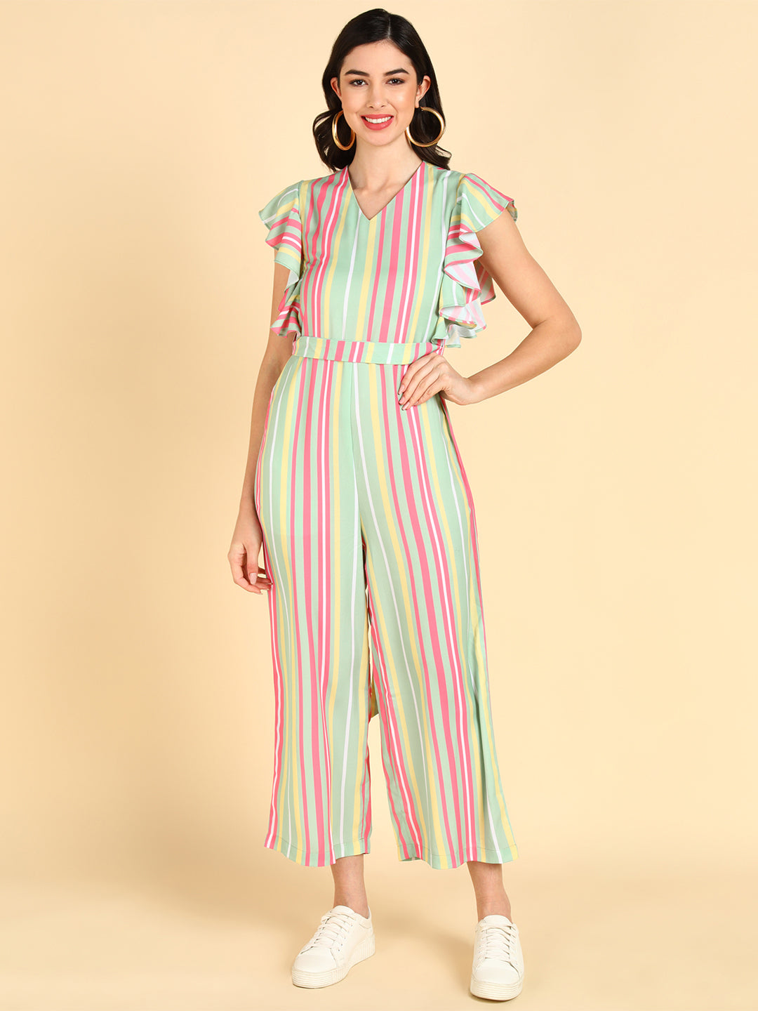 Women's Green Polyester Striped Jumpsuit - Ahika