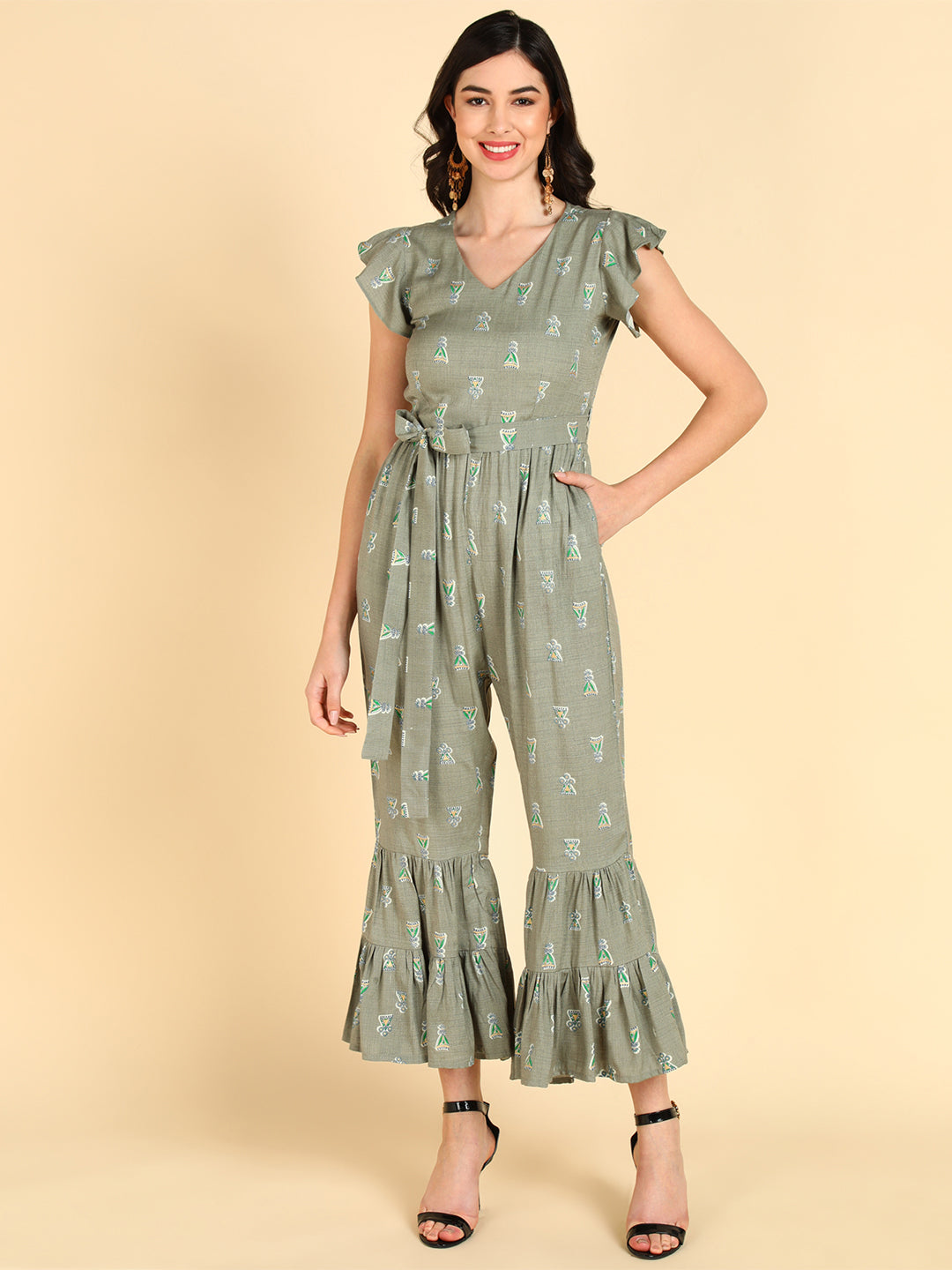 Women's Taupe Cotton Printed Jumpsuit - Ahika