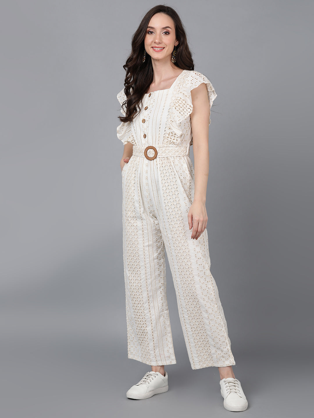 Women's White Cotton Solid Jumpsuit - Ahika