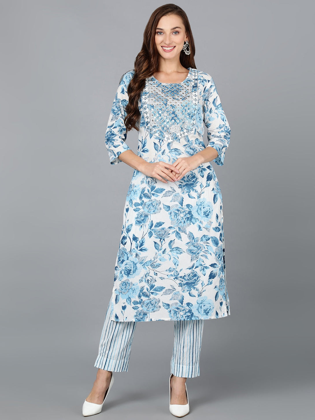 Women's Aegean Blue Cotton Blend Straight Kurta With Pant - Ahika