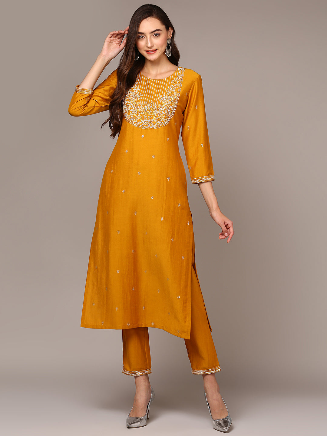 Women's Yellow Silk Blend Embroidered Straight Suit Set - Ahika