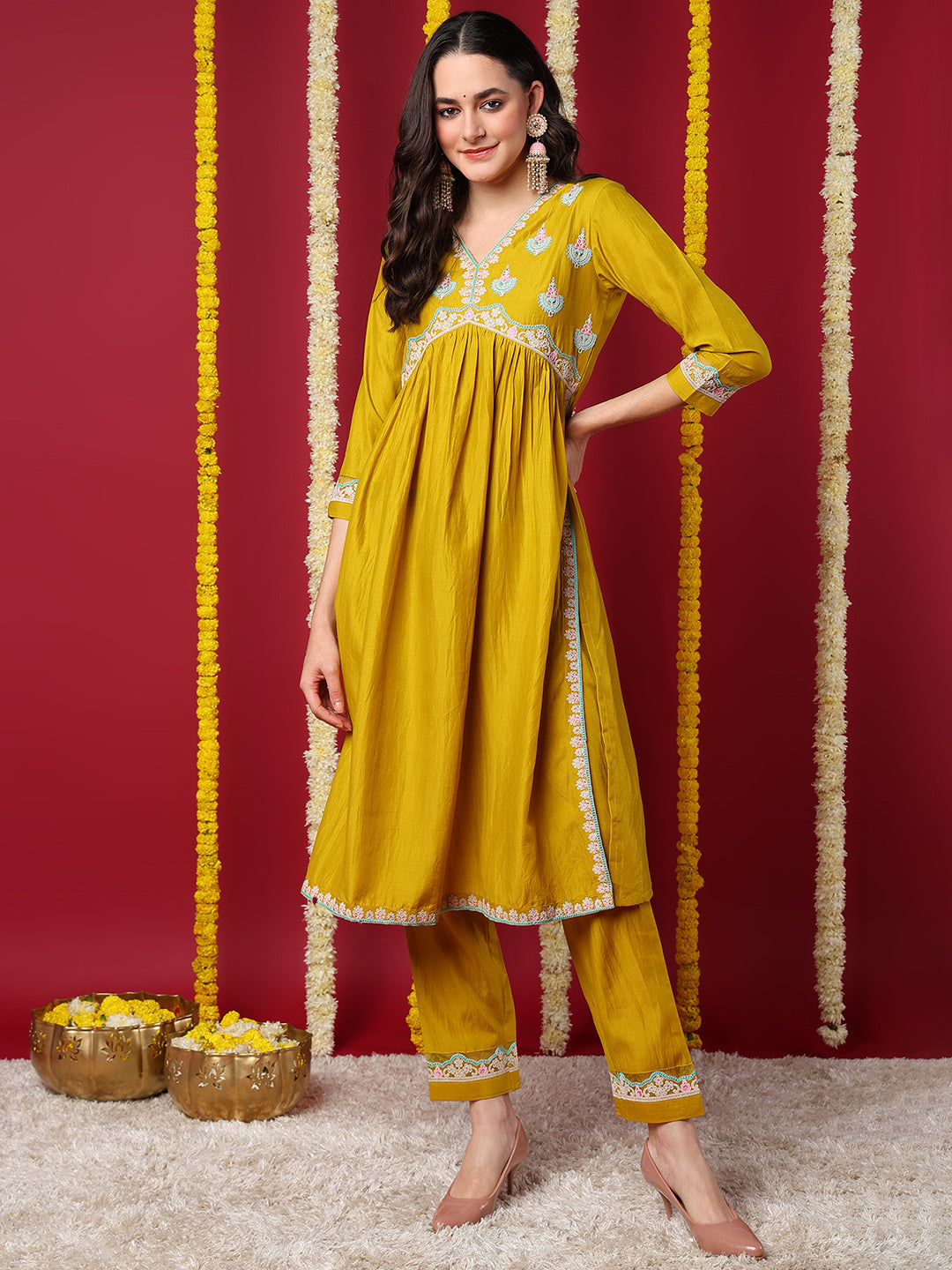 Women's Yellow Silk Blend Embroidered A-Line Kurta Pant Set - Ahika