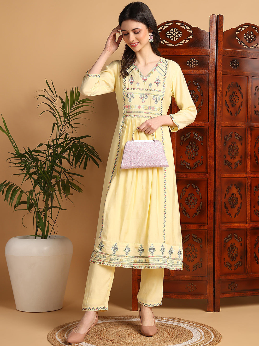 Women's Yellow Silk Blend Embroidered A-Line Kurta Pant Set - Ahika