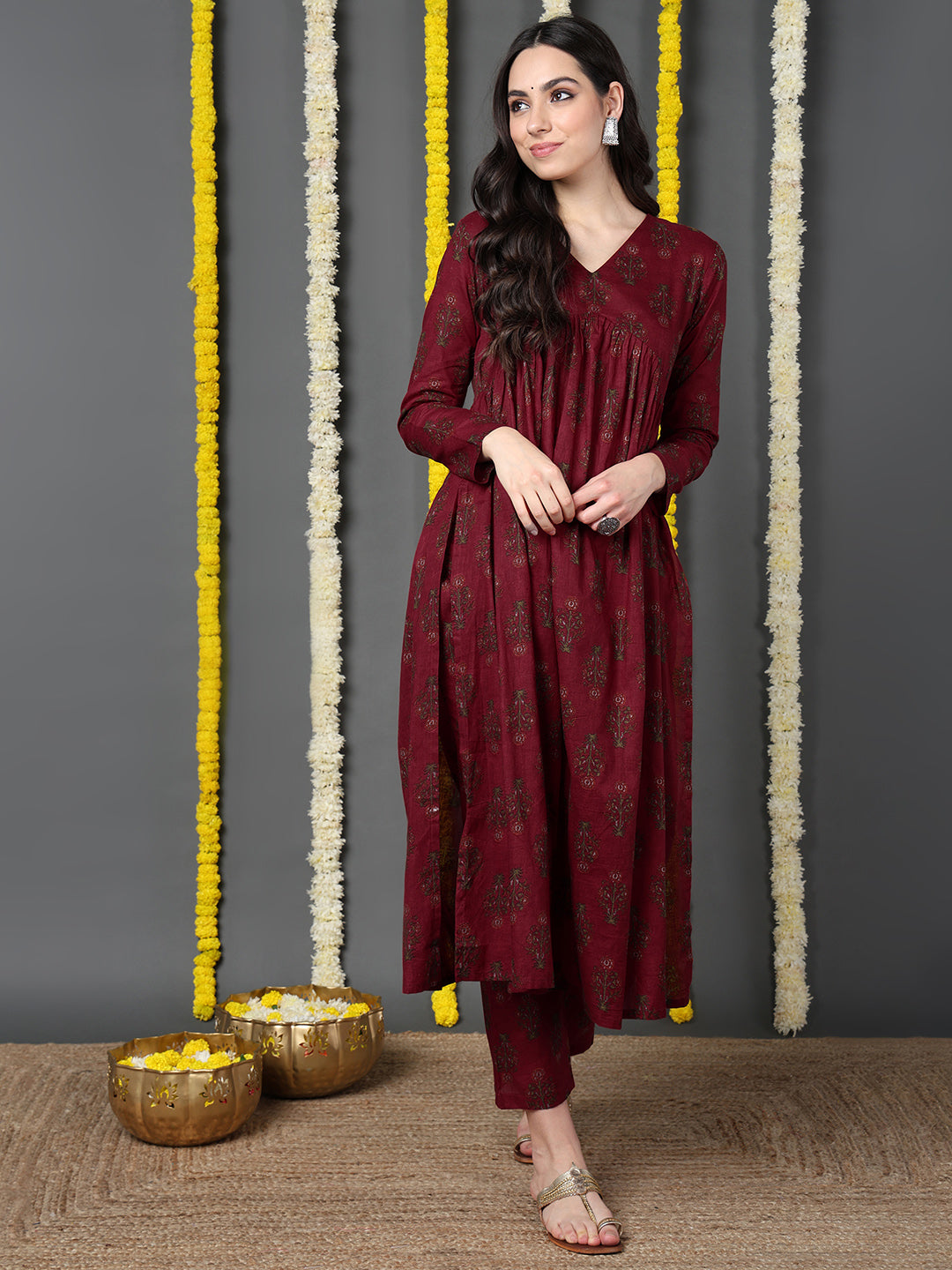 Women's Maroon Cotton Printed Anarkali Kurta Pant Set - Ahika