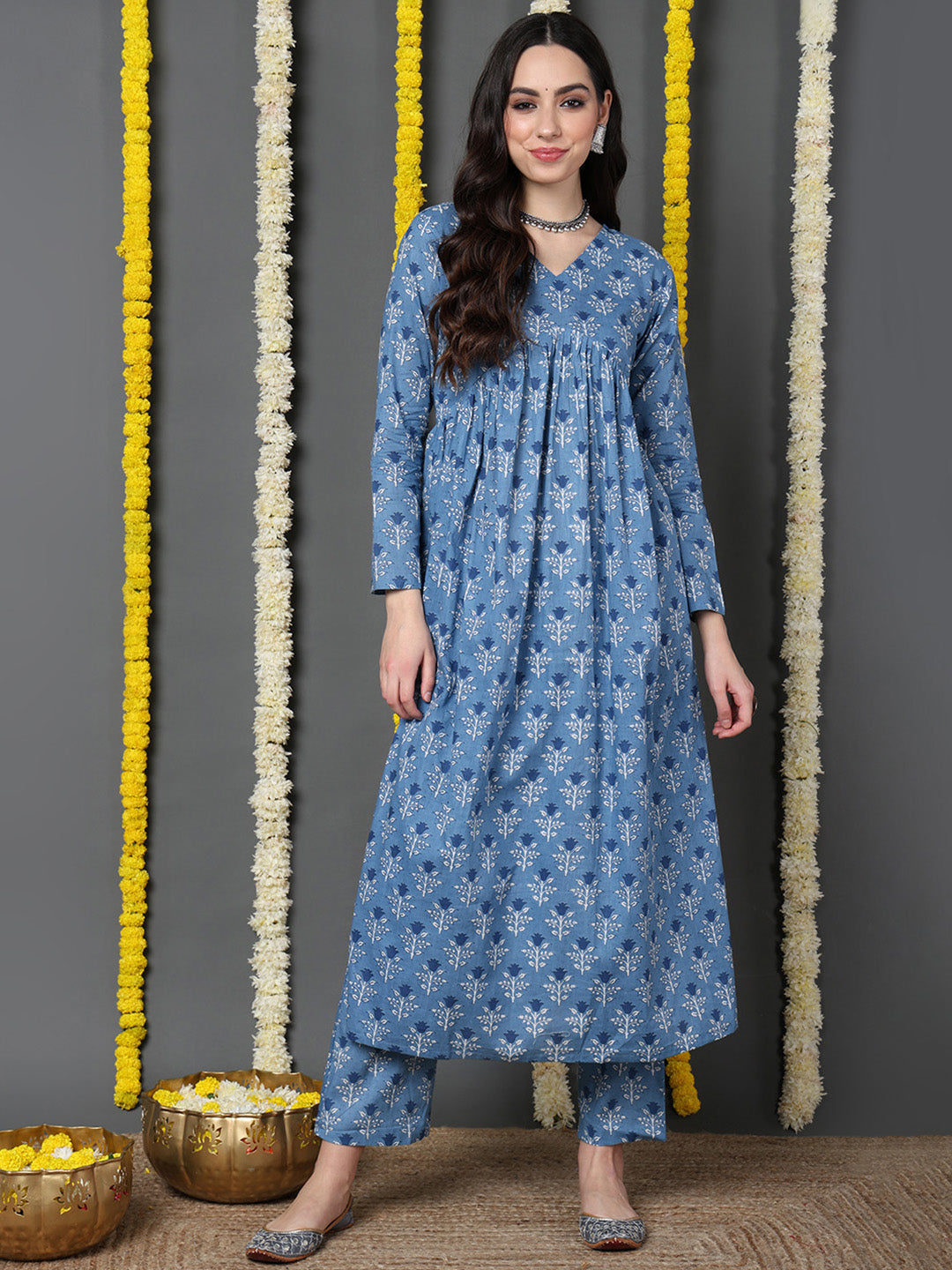 Women's Blue Cotton Printed Anarkali Kurta Pant Set - Ahika